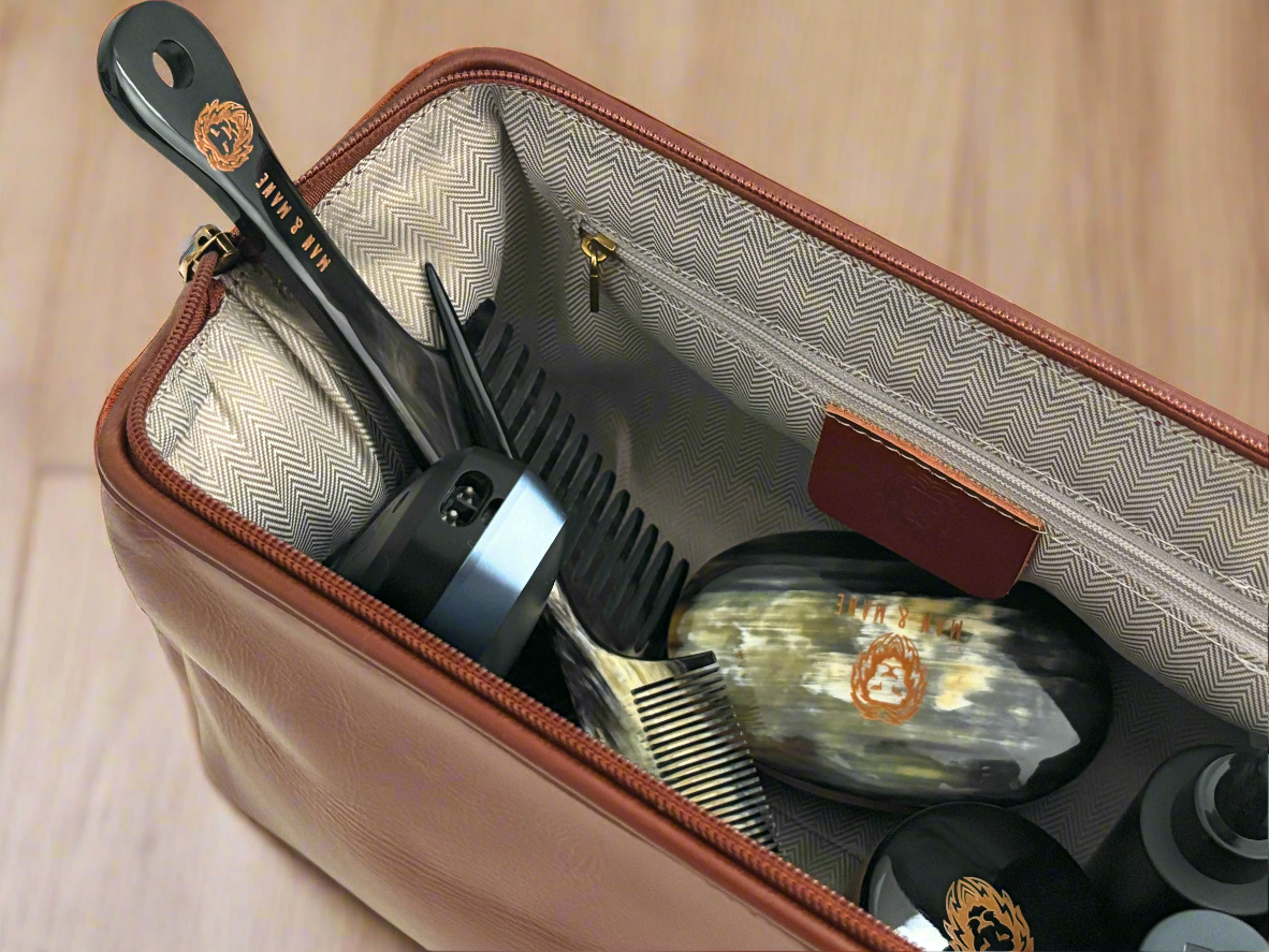 Man & Mane Premium Classic Leather Toiletry Bag Dopp Kitt for Him or Her (Cognac Brown)
