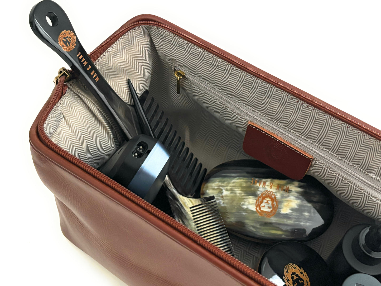 Man & Mane Premium Classic Leather Toiletry Bag Dopp Kitt for Him or Her (Cognac Brown)