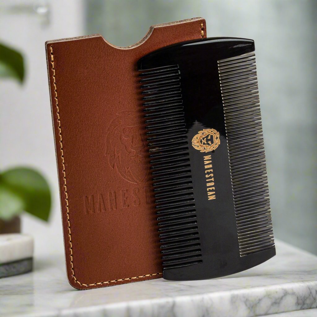 Ox-horn Dual-Action Beard Comb with Leather Pouch