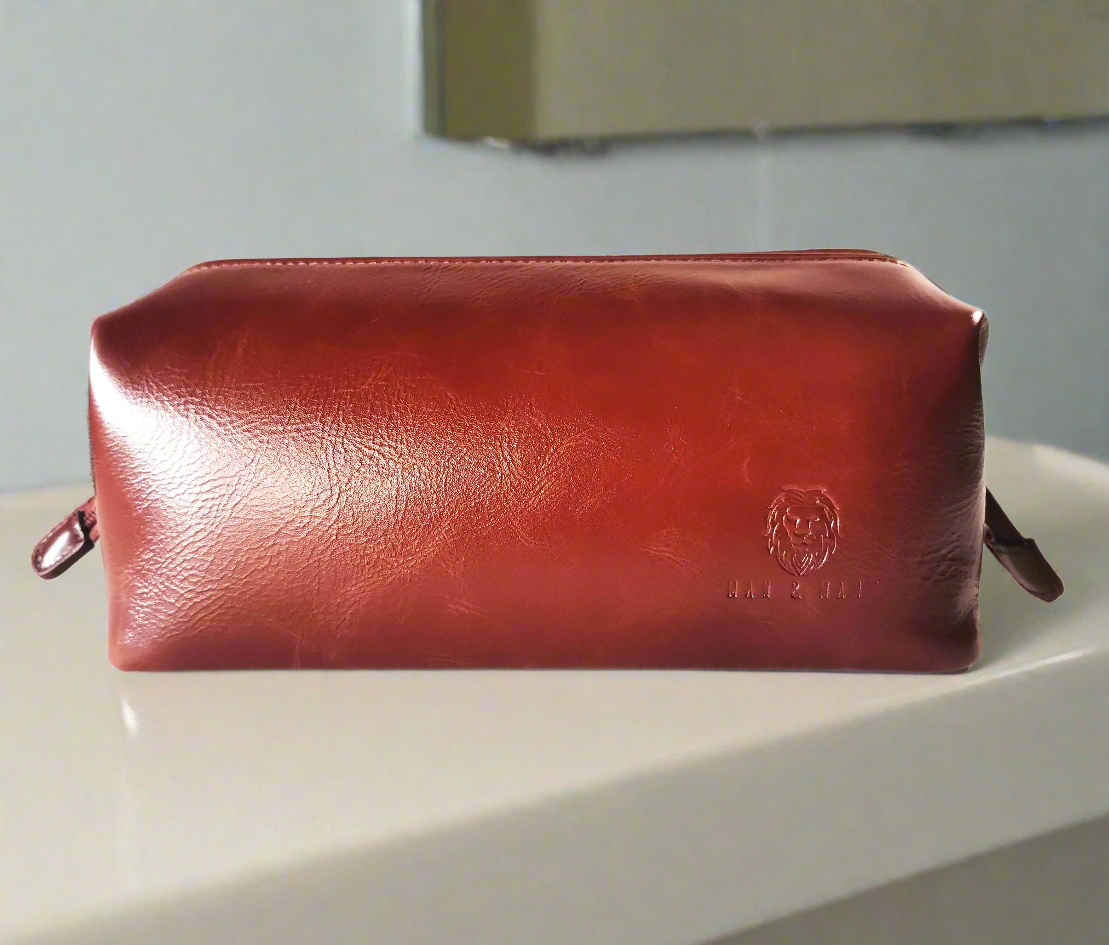 Man & Mane Premium Classic Leather Toiletry Bag Dopp Kitt for Him or Her (Cognac Brown)