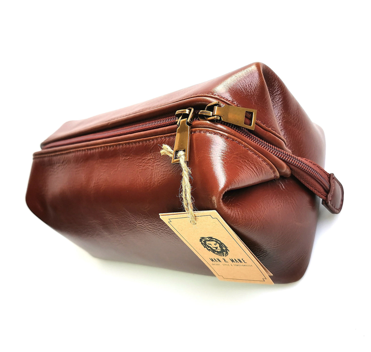 Man & Mane Premium Classic Leather Toiletry Bag Dopp Kitt for Him or Her (Cognac Brown)