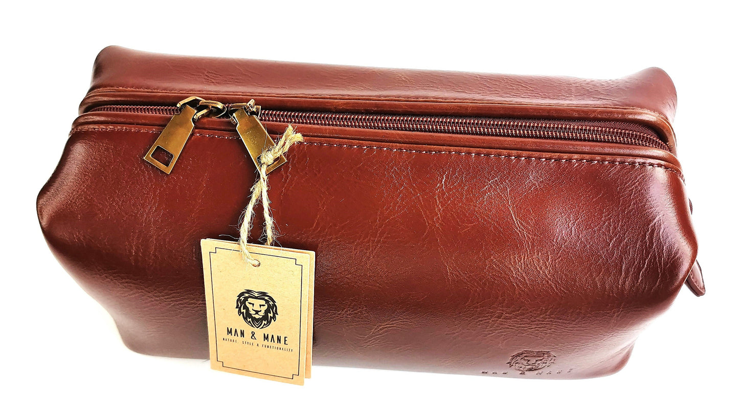 Man & Mane Premium Classic Leather Toiletry Bag Dopp Kitt for Him or Her (Cognac Brown)