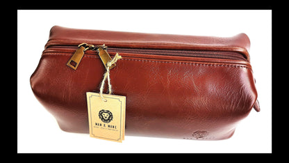 Man & Mane Premium Classic Leather Toiletry Bag Dopp Kitt for Him or Her (Cognac Brown)