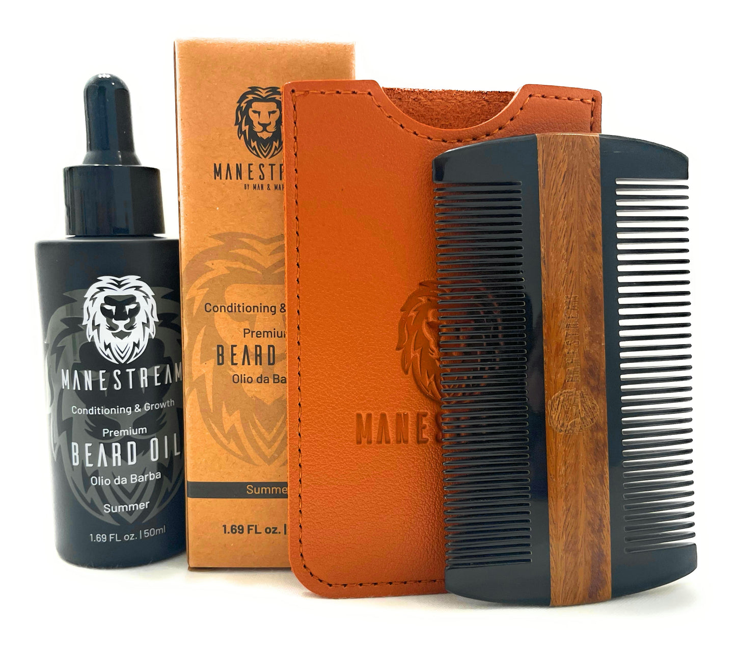 Oxhorn & Sandalwood Dual-Action Beard Comb with Brown PU Case and Beard Oil (Summer) Bundle