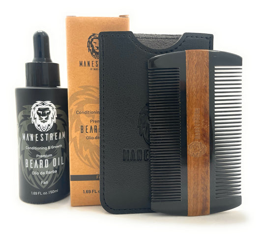 Oxhorn & Sandalwood Dual-Action Beard Comb with Black PU Case and Beard Oil (Fall) Bundle