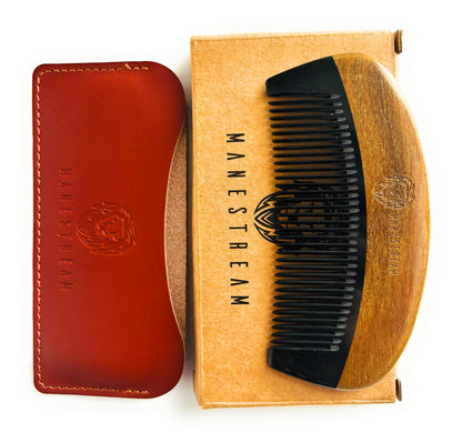 Ox-horn & Sandalwood Beard Comb with Leather Pouch