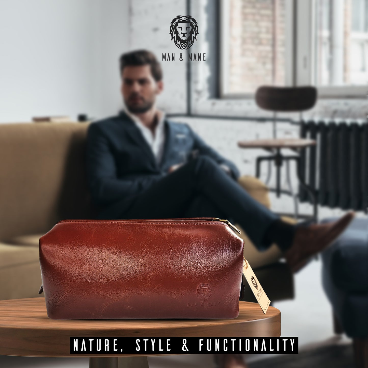 Man & Mane Premium Classic Leather Toiletry Bag Dopp Kitt for Him or Her (Cognac Brown)