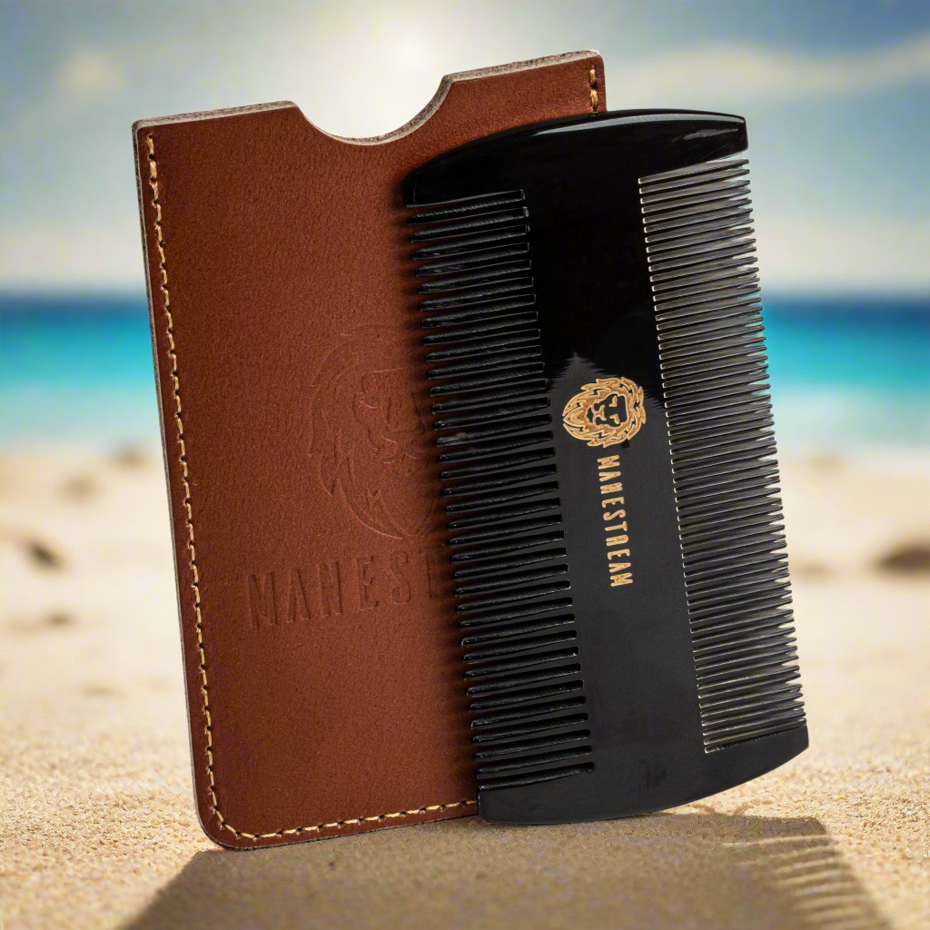 Ox-horn Dual-Action Beard Comb with Leather Pouch