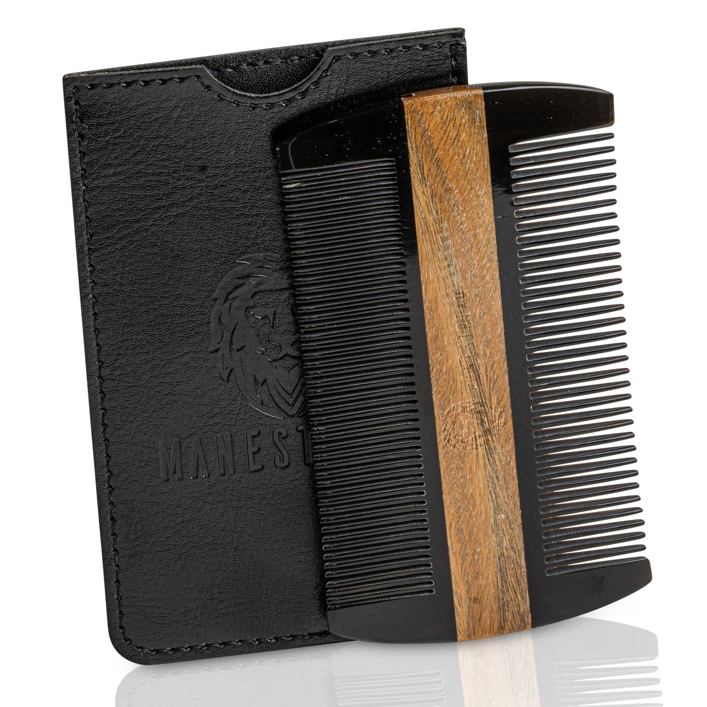 Ox-horn & Sandalwood Dual-Action Beard Comb with Black PU Pouch