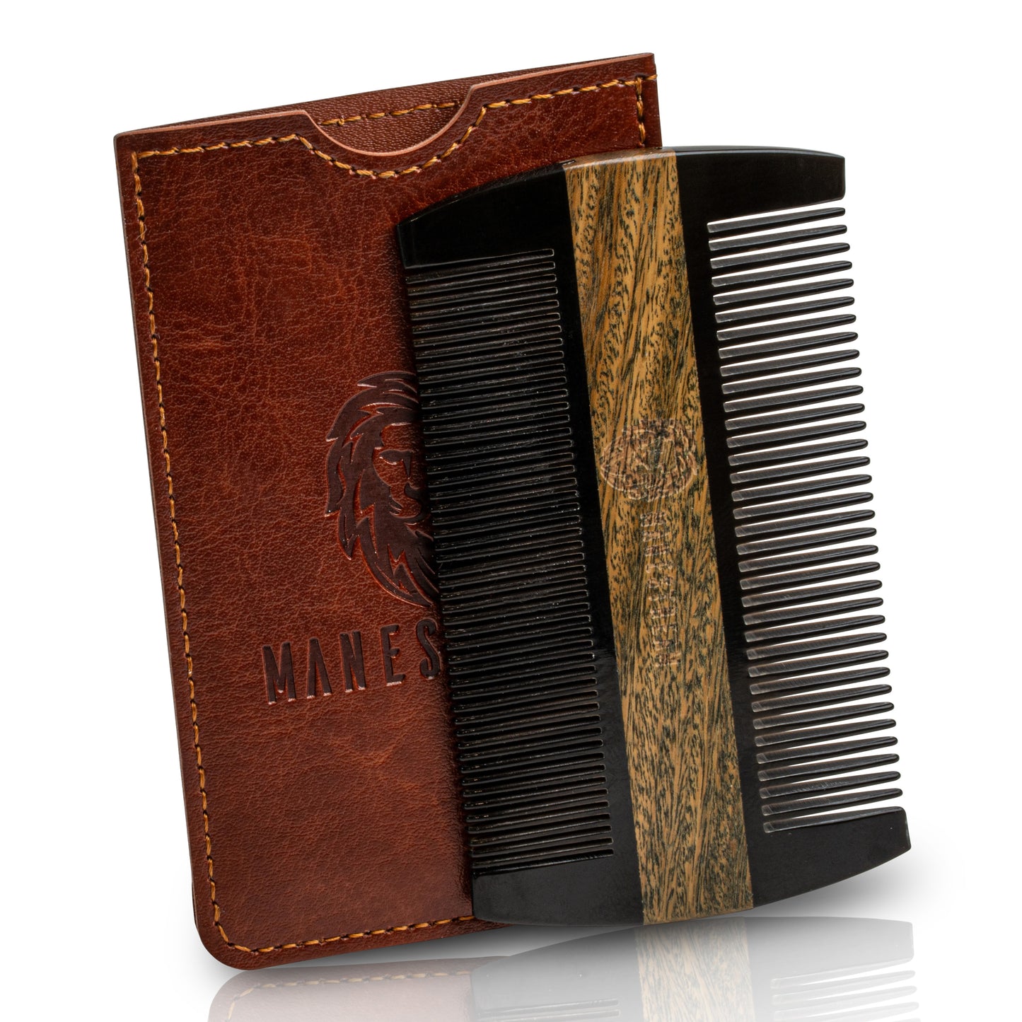 Ox-horn & Sandalwood Dual-Action Beard Comb with Brown PU Pouch