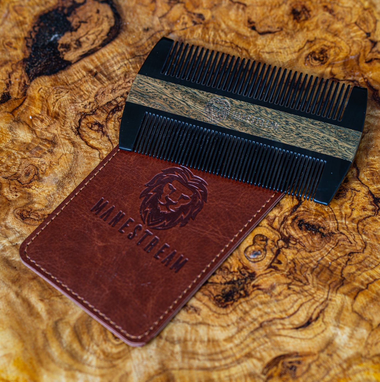 Ox-horn & Sandalwood Dual-Action Beard Comb with Brown PU Pouch