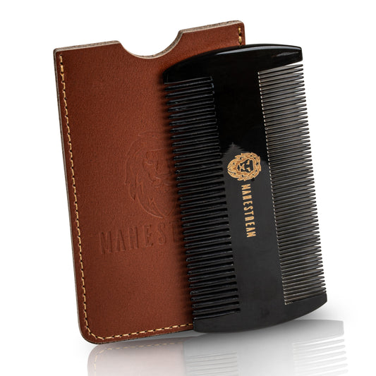 Ox-horn Dual-Action Beard Comb with Leather Pouch